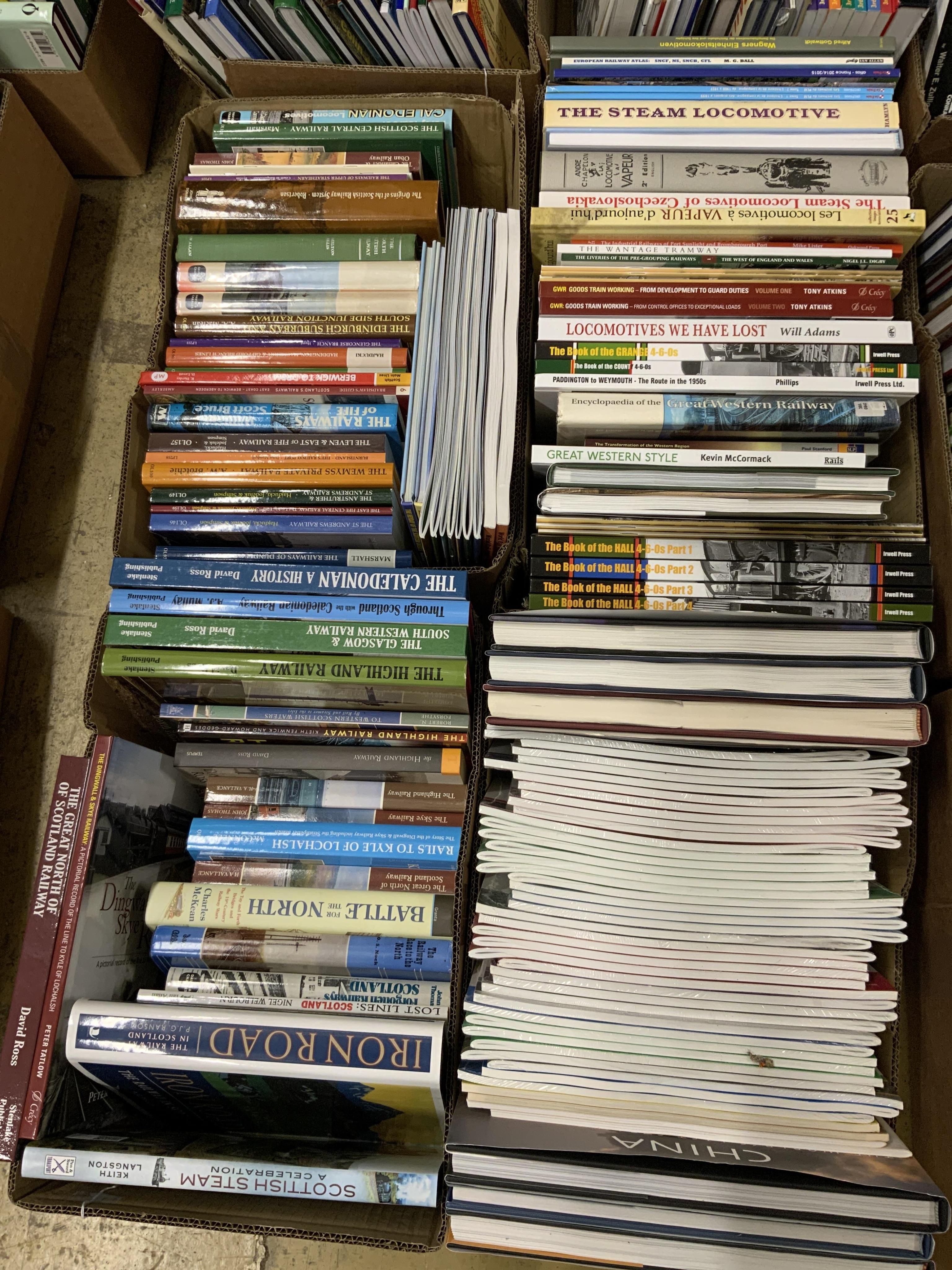 Eight boxes of railway related books, subjects include; Scottish steam, diesel locomotives, electric locomotives, Great Western Railway locomotives, Union Pacific locomotives, Bradshaw’s guides, etc. publishers include;